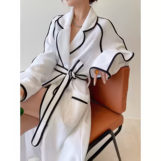 customized Women’s Elegant Sheer White Belted Jacket with Contrast Piping – Lightweight