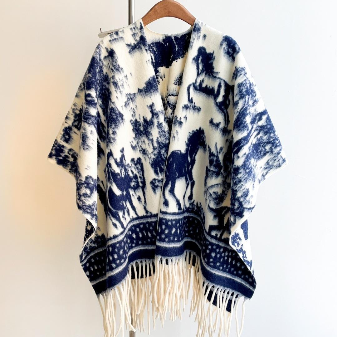customized Women’s Vintage Horse Pattern Fringed Shawl Cape – Women’s Knit Wrap Poncho