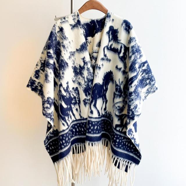 customized Women’s Vintage Horse Pattern Fringed Shawl Cape – Women’s Knit Wrap Poncho