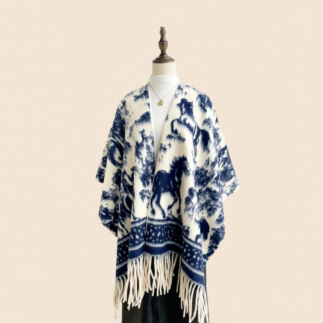 customized Women’s Vintage Horse Pattern Fringed Shawl Cape – Women’s Knit Wrap Poncho