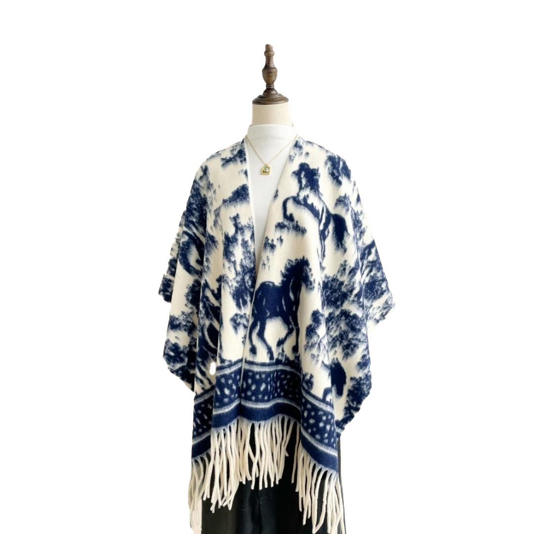 customized Women’s Vintage Horse Pattern Fringed Shawl Cape – Women’s Knit Wrap Poncho