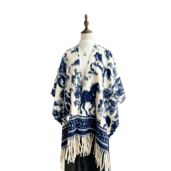 customized Women’s Vintage Horse Pattern Fringed Shawl Cape – Women’s Knit Wrap Poncho