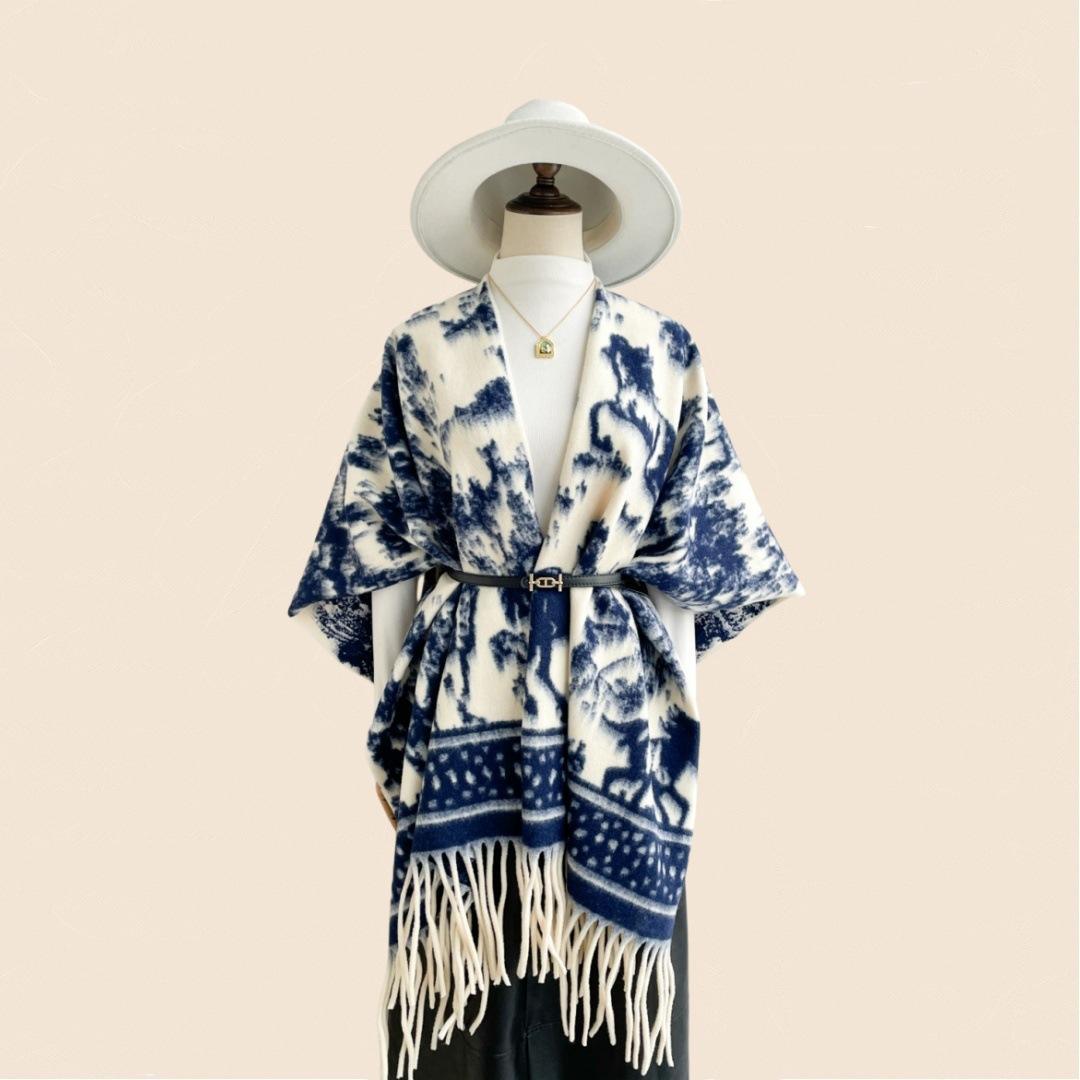 customized Women’s Vintage Horse Pattern Fringed Shawl Cape – Women’s Knit Wrap Poncho