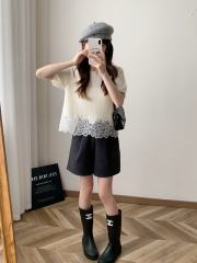 customized Women’s Women’s Ivory Knit Lace Hem Short Sleeve Top