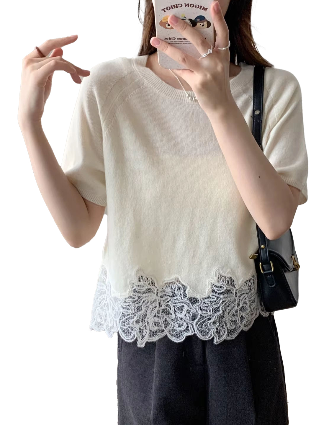 customized Women’s Women’s Ivory Knit Lace Hem Short Sleeve Top