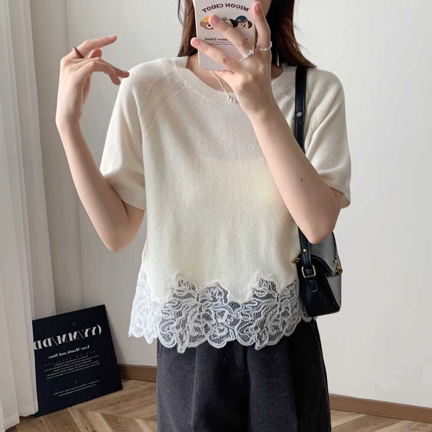 customized Women’s Women’s Ivory Knit Lace Hem Short Sleeve Top