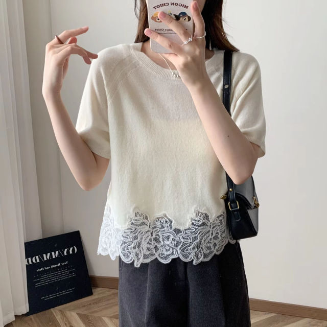 customized Women’s Women’s Ivory Knit Lace Hem Short Sleeve Top