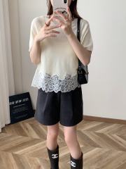 customized Women’s Women’s Ivory Knit Lace Hem Short Sleeve Top