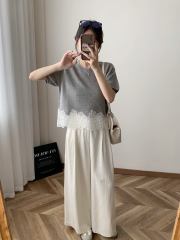customized Women’s Women’s Ivory Knit Lace Hem Short Sleeve Top