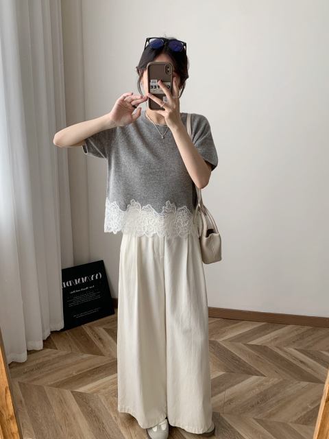 customized Women’s Women’s Ivory Knit Lace Hem Short Sleeve Top