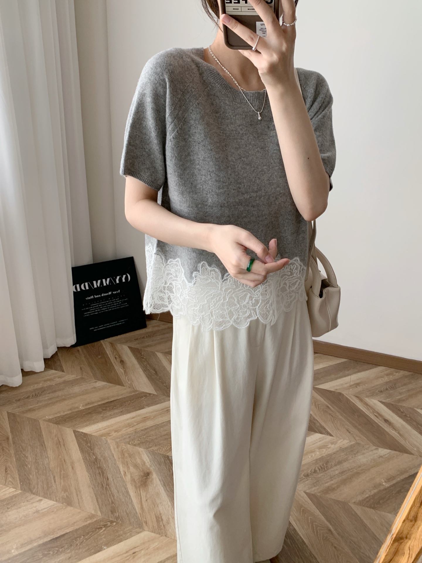 customized Women’s Women’s Ivory Knit Lace Hem Short Sleeve Top