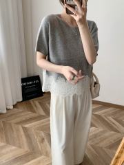 customized Women’s Women’s Ivory Knit Lace Hem Short Sleeve Top