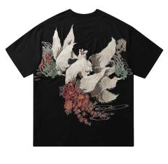 customized Women’s Unisex Black Artistic Embroidered Short Sleeve T-Shirt – Moon & Fox Motif