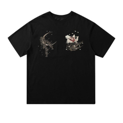 customized Women’s Unisex Black Artistic Embroidered Short Sleeve T-Shirt – Moon & Fox Motif