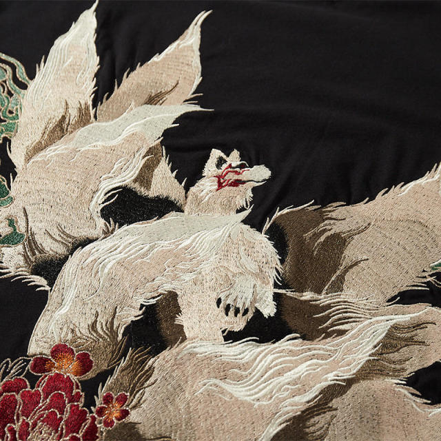 customized Women’s Unisex Black Artistic Embroidered Short Sleeve T-Shirt – Moon & Fox Motif