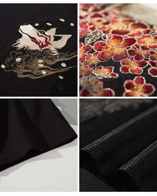 customized Women’s Unisex Black Artistic Embroidered Short Sleeve T-Shirt – Moon & Fox Motif