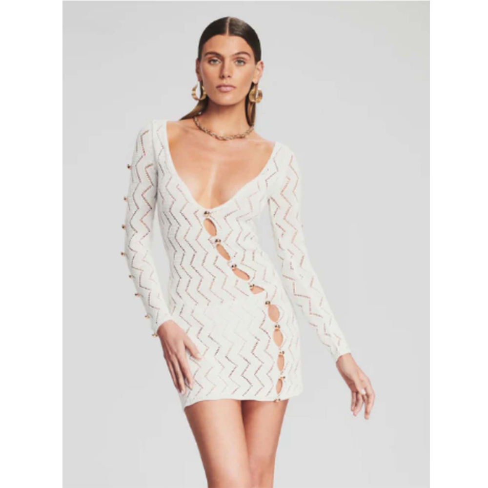 OEM ODM Women’s Long Sleeve Cutout Knit Mini Dress – Deep V-Neck Bodycon Party Dress