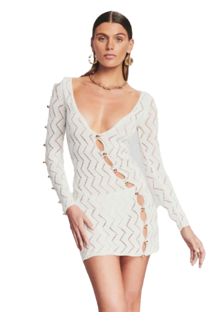 OEM ODM Women’s Long Sleeve Cutout Knit Mini Dress – Deep V-Neck Bodycon Party Dress