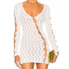 OEM ODM Women’s Long Sleeve Cutout Knit Mini Dress – Deep V-Neck Bodycon Party Dress