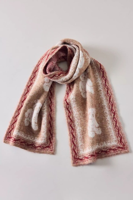 OEM ODM Teddy Bear Pattern Wool Blend Knit Scarf – Warm Beige & Burgundy