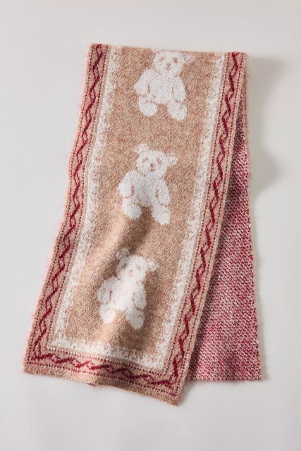 OEM ODM Teddy Bear Pattern Wool Blend Knit Scarf – Warm Beige & Burgundy