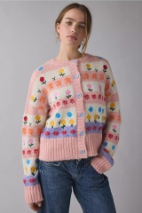 Wholesale Floral Stripe Wool Blend Knit Cardigan – Soft Pink Multicolor