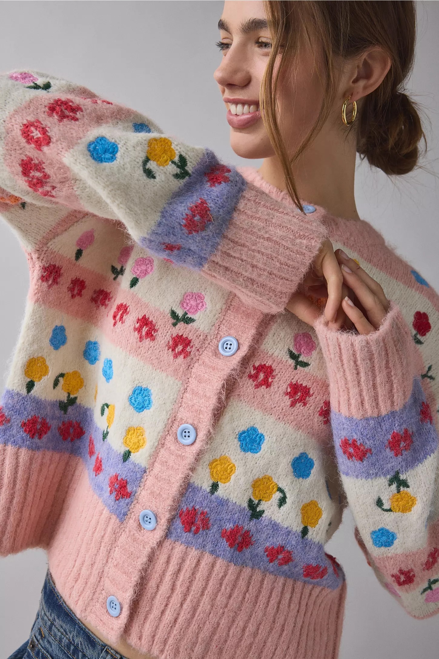 Wholesale Floral Stripe Wool Blend Knit Cardigan – Soft Pink Multicolor