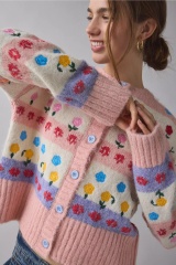 Wholesale Floral Stripe Wool Blend Knit Cardigan – Soft Pink Multicolor
