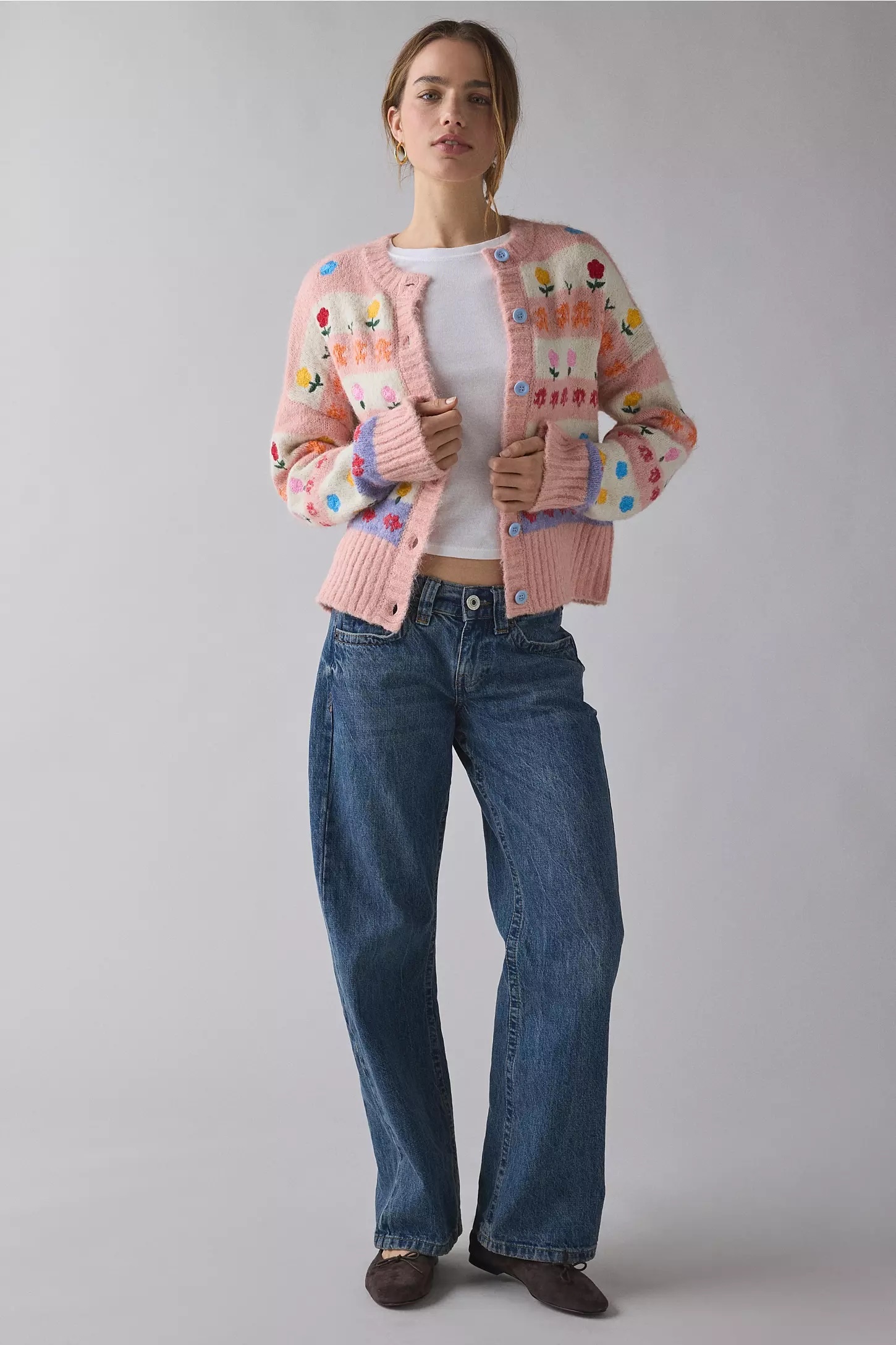 Wholesale Floral Stripe Wool Blend Knit Cardigan – Soft Pink Multicolor