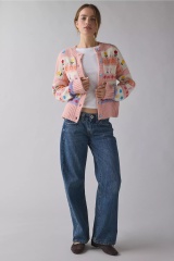Wholesale Floral Stripe Wool Blend Knit Cardigan – Soft Pink Multicolor