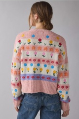 Wholesale Floral Stripe Wool Blend Knit Cardigan – Soft Pink Multicolor