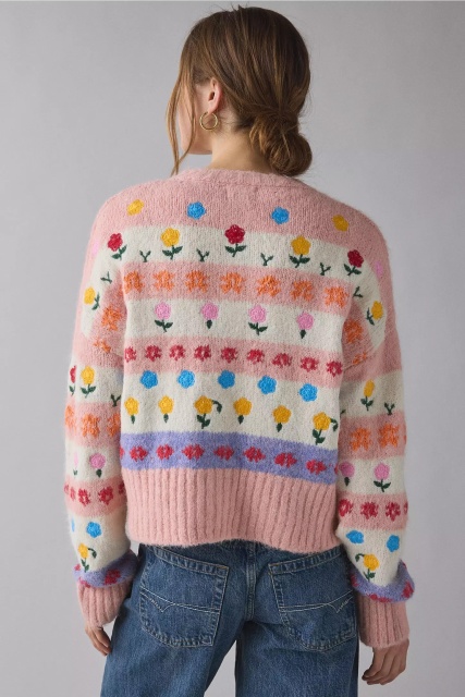 Wholesale Floral Stripe Wool Blend Knit Cardigan – Soft Pink Multicolor