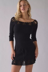Factory Direct Off-Shoulder Crochet Trim Ribbed Knit Dress – Classic Black