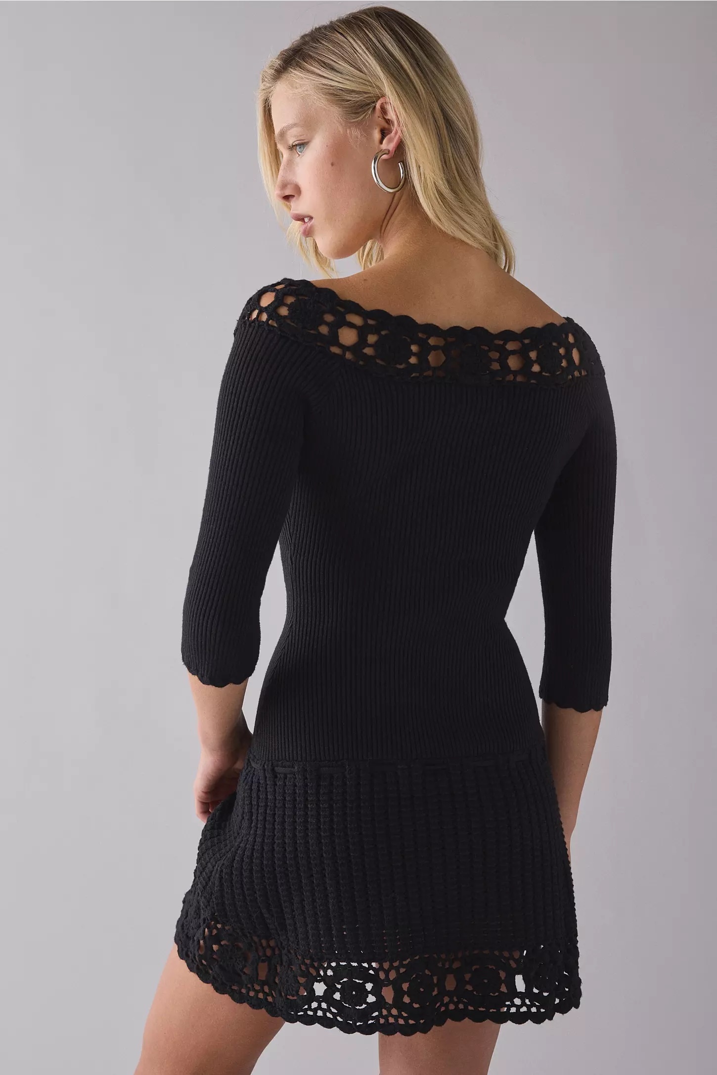 Factory Direct Off-Shoulder Crochet Trim Ribbed Knit Dress – Classic Black