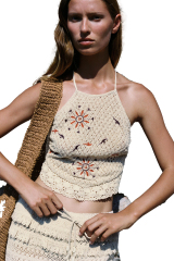 Factory Direct Bohemian Crochet Halter Crop Top with Sun Embroidery