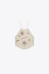 Factory Direct Bohemian Crochet Halter Crop Top with Sun Embroidery