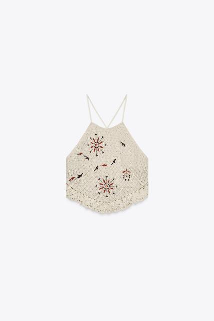 Factory Direct Bohemian Crochet Halter Crop Top with Sun Embroidery