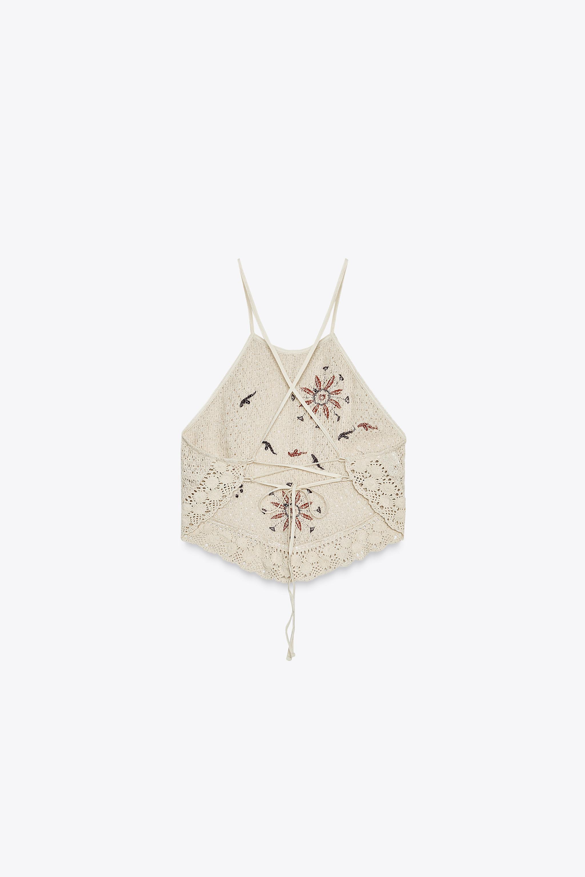 Factory Direct Bohemian Crochet Halter Crop Top with Sun Embroidery
