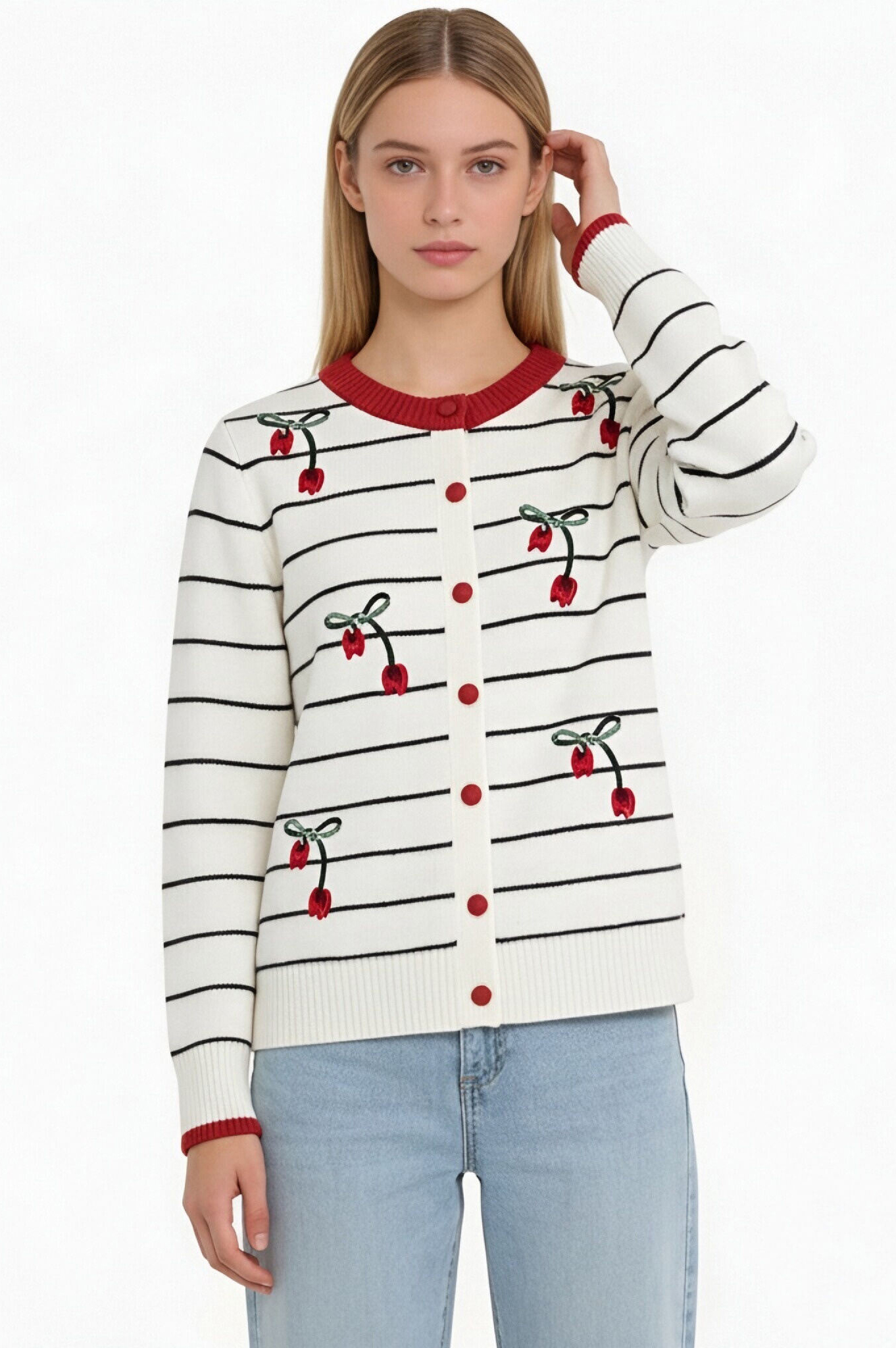 Made-to-order Cherry Embroidered Striped Knit Cardigan – Long Sleeve Button-Up Sweater