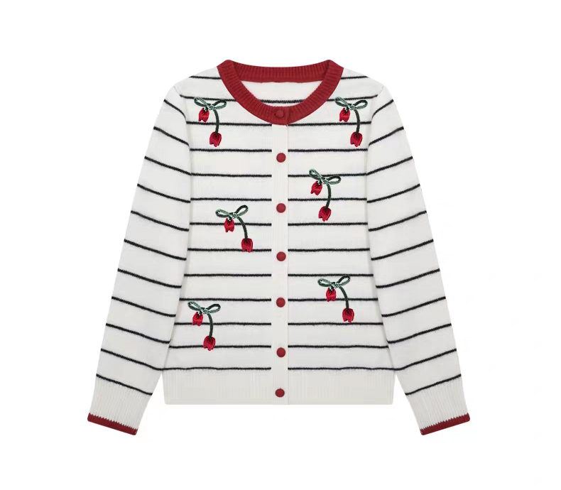 Made-to-order Cherry Embroidered Striped Knit Cardigan – Long Sleeve Button-Up Sweater