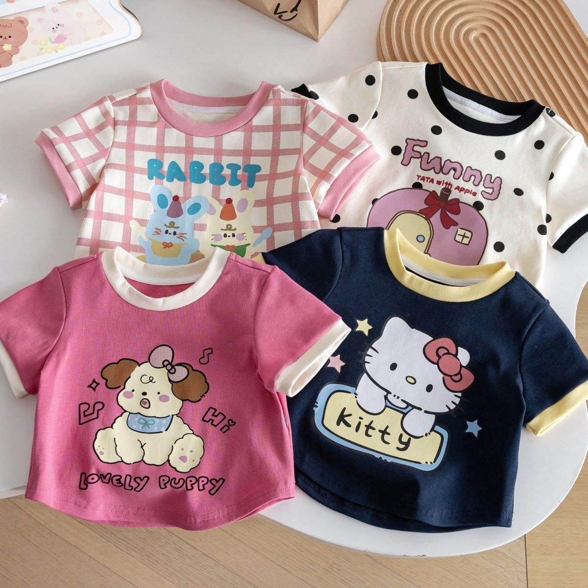 customized Women’s Men’s Girls’ Cute Cartoon Cat Short Sleeve T-Shirt and Pants Set