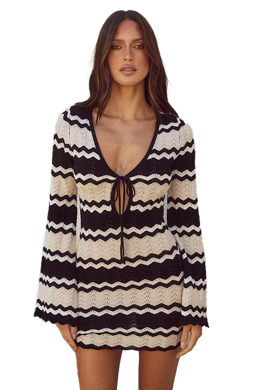 Factory Direct Black and White Striped Crochet Knit Long Sleeve Mini Dress