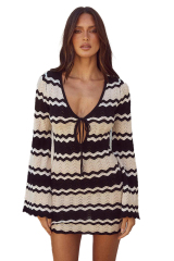 Factory Direct Black and White Striped Crochet Knit Long Sleeve Mini Dress
