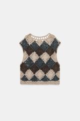 Wholesale Vintage Diamond Pattern Crochet Knit Sleeveless Top for Women