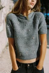 Personalized Embellished Short Sleeve Knit Sweater with Mock Neck for Women