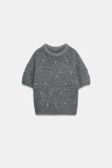 Personalized Embellished Short Sleeve Knit Sweater with Mock Neck for Women