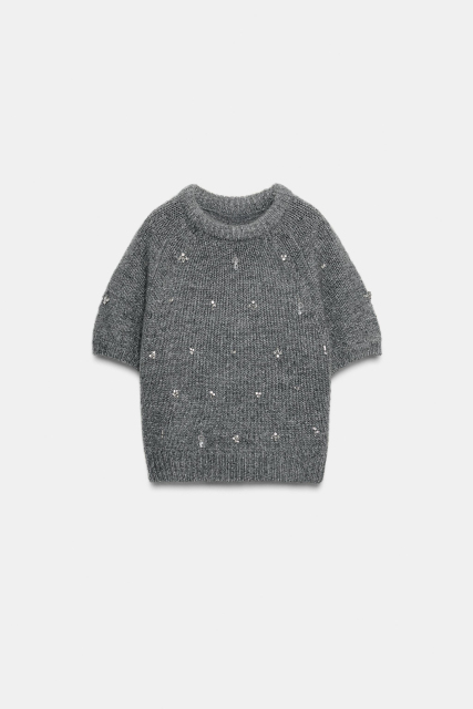 Personalized Embellished Short Sleeve Knit Sweater with Mock Neck for Women