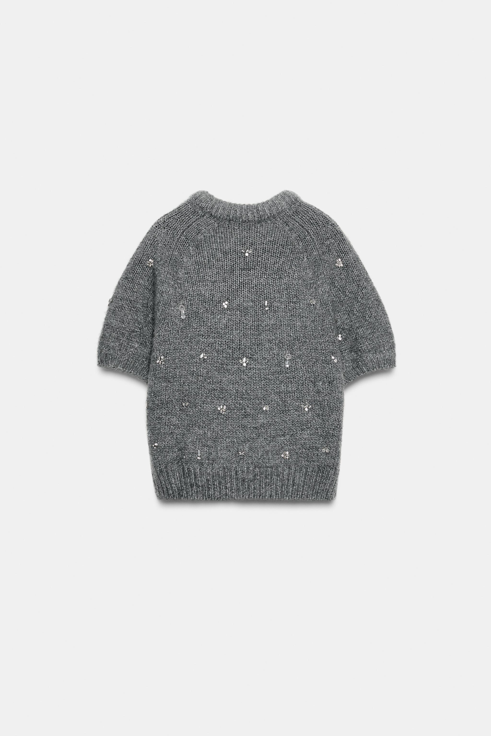 Personalized Embellished Short Sleeve Knit Sweater with Mock Neck for Women