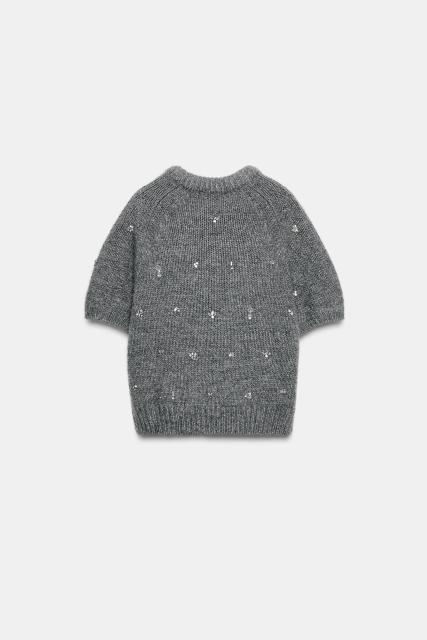 Personalized Embellished Short Sleeve Knit Sweater with Mock Neck for Women