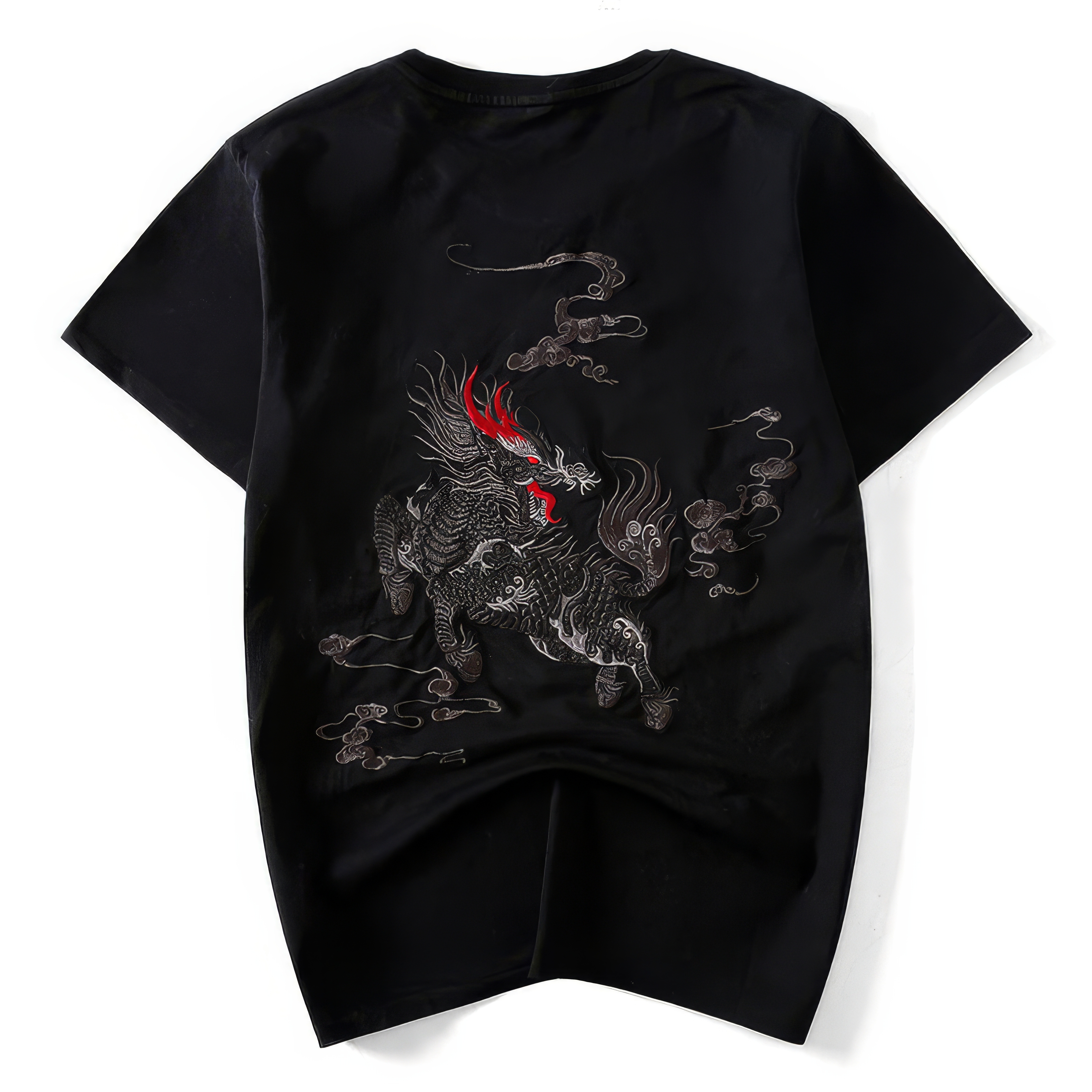 customized Women’s Black Qilin Embroidered T-Shirt – Chinese Mythical Beast Short Sleeve Tee